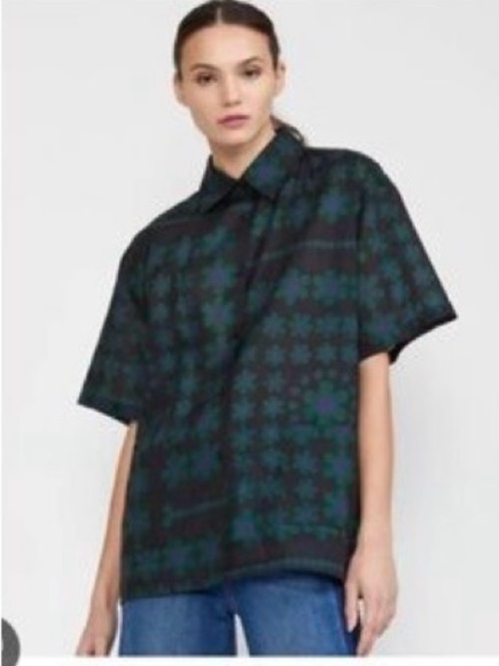 Cynthia Rowley Black Button-Up Shirt with Green & Blue Floral Print